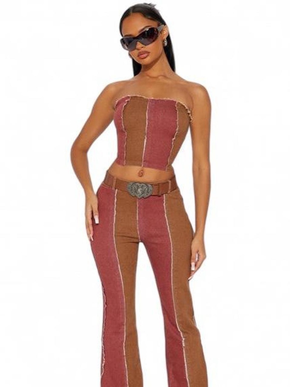 Fashion Nova Brown Combo Western Pant Set NWT Size Small